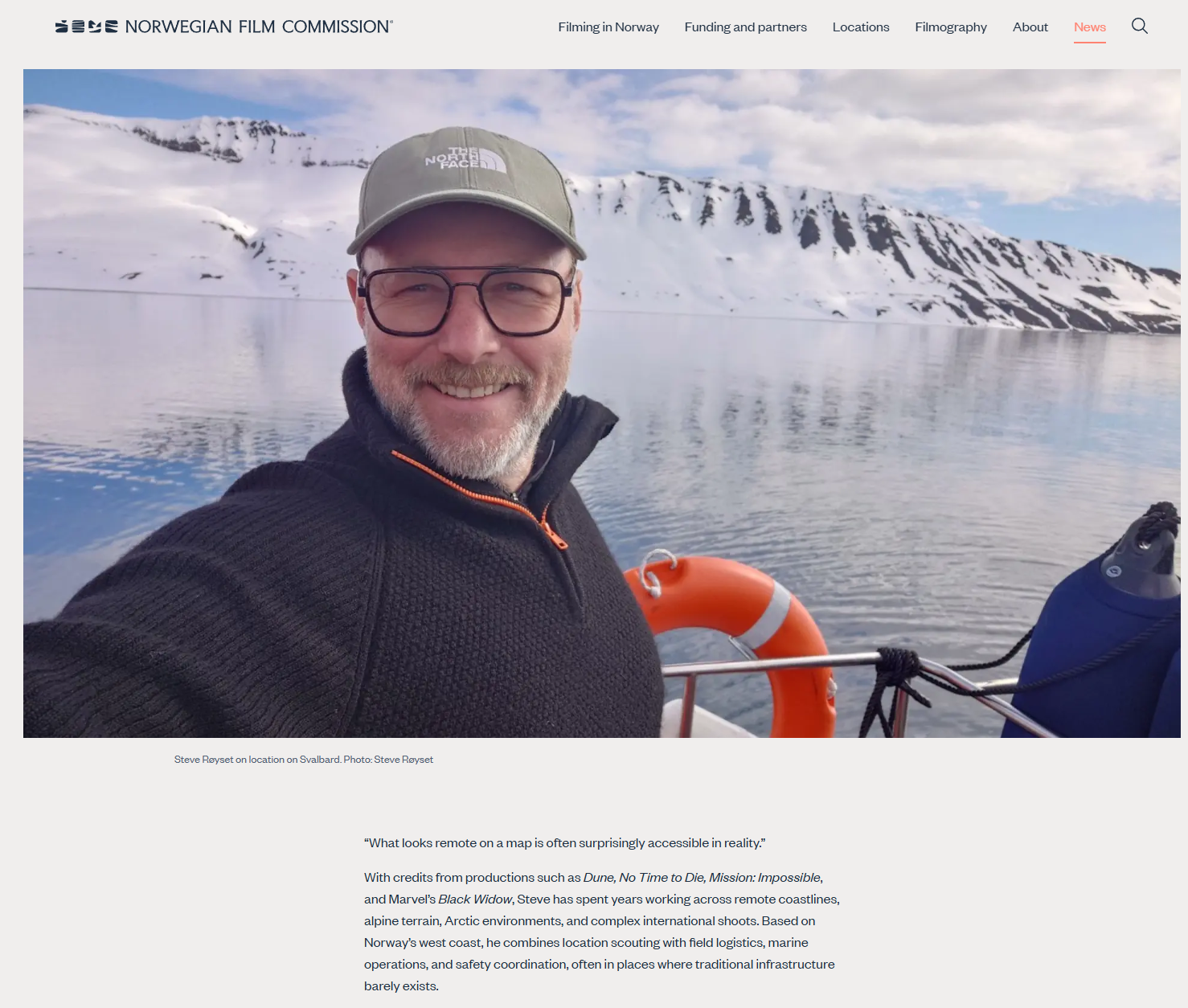 Featured article about Steve Røyset and filming in Norway